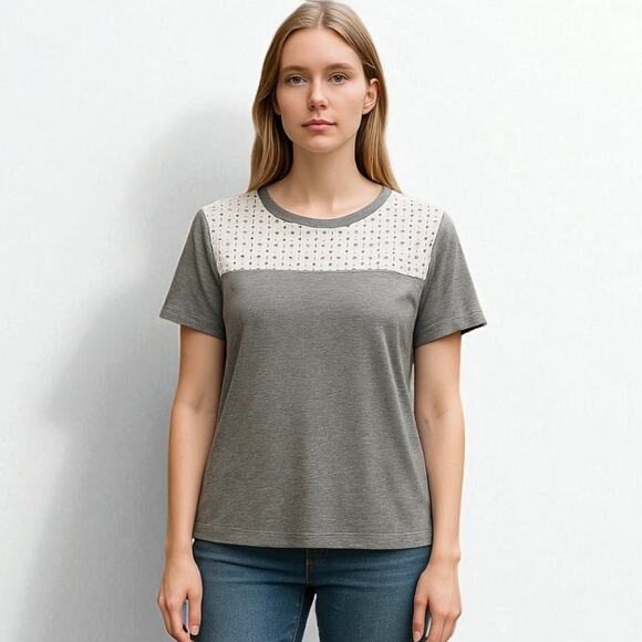 2/$15 J. Crew Eyelet Yoke Cotton Top Gray White Short Sleeve AO921 Size XL - Picture 1 of 8